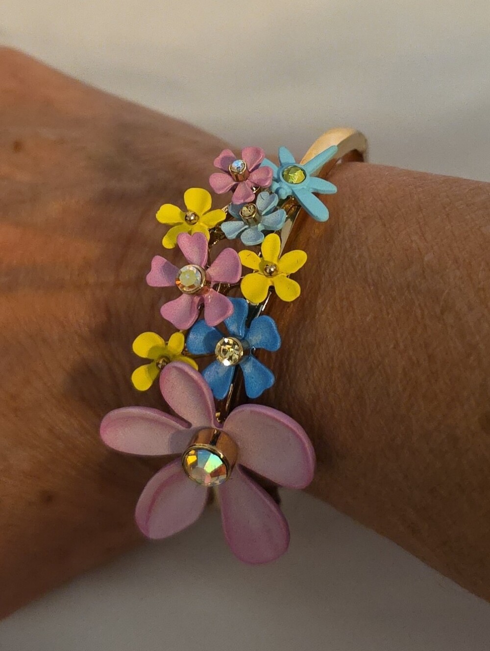Betsey Johnson Multicolor Enamel Flower Bracelet - Pink, Yellow, Blue